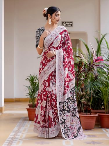 Image of SIRIL Women's Printed Ready to Wear Mul Cotton Saree With Unstitched Blouse Piece