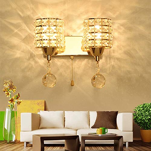 Crystal Wall Sconce Modern LED Wall Lighting Fixture E27 Decorative Wall Mount Lamp with Pull Chain Switch for Bedroom Living Room Aisle Study Room Hallway (Double Head, Gold) - Image 6