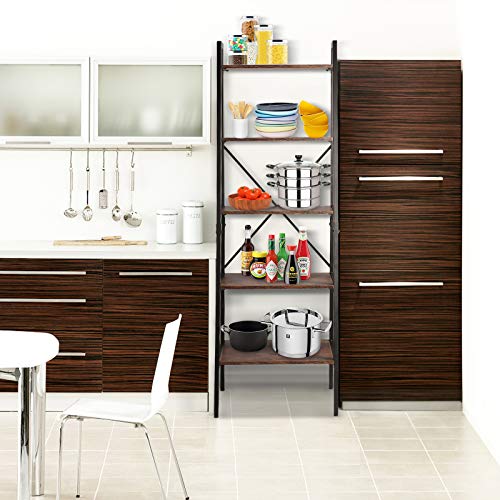 TOOCA 5-Tier Ladder Shelf Wood Multipurpose Utility Open Back Industrial Leaning Ladder Bookshelf Design Premium Quality Easy Assembly Shelf Storage for Living Room Bedroom Kitchen Home Office Balcony