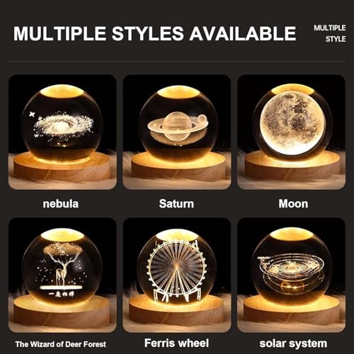 Image of 3D Saturn Crystal Globe Lamp | Engraved Crystal Ball Night Light with Wooden Base | USB LED Table Lamp for Bedroom, Office, Home Decor & Gift Purpose (Saturn, Warm White)
