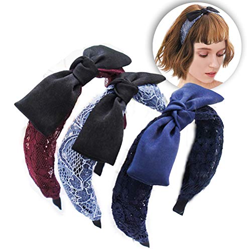 KizBruo 3PCs Boho Retro Lace Headband, Fashion Handmade Hair Band Vintage Woven Fabric Wide Hard Headband Headwrap for Women Girl Hair Accessories