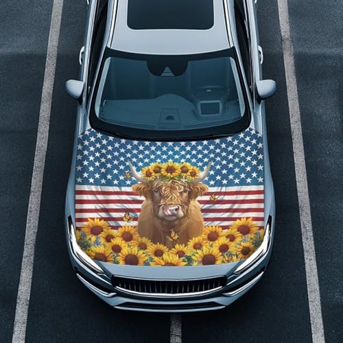 Image of American Flag Car Hood Cover Weatherproof Automotive Exterior Accessories Universal Fit Hood Covers for Cars, Trucks, SUV, or Van Full Coverage with Elastic Band