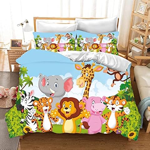 Bfrdollf Jungle Animals Bedding Set for Children Duvet Cover 135 x 200 cm and Pillowcase for Single Bed Lion, Tiger, Giraffe, Elephant Bedding (12.135 x 200 cm) Cover