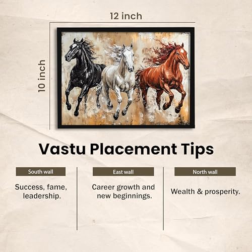 Image of 3 Running Horses Vastu Framed Wall Art Painting For Living Room|Three Horse Painting With Frame for Home & Office Decor, 10x12 Inch
