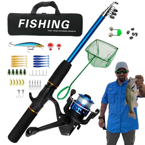 Combo de Carrete y caña de Pescar telescópicos: Kit portátil Completo, de Transporte de pescaincluida | Juego Completo de Equipo de pescade Agua Dulce y Agua Salada para Hombres, Adolescentes