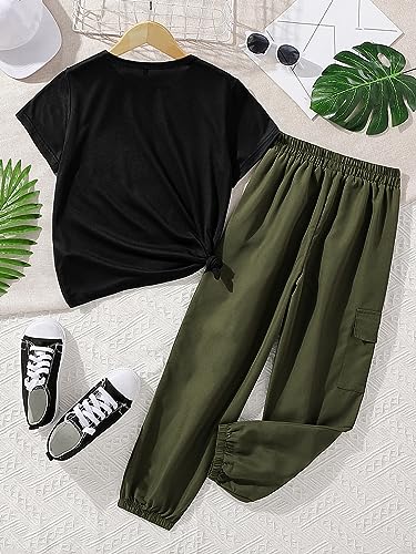 Image of WDIRARA Girl's 2 Piece Outfits Round Neck Short Sleeve Tee and Pocket Cargo Pants Set