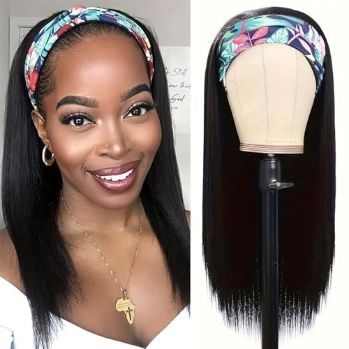 Image of Straight Headband Wig Human Hair Headband Half Wigs Machine Made Glueless None Lace Front Wig Brazilian Virgin Hair Headband Wigs for Black Women150% Density Natural Color 14 Inch
