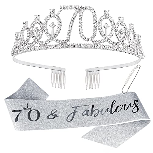 Semato 70 & Fabulous Birthday Crown and Sash Kit- 70th Birthday Gifts for Women 70th Birthday Party Supplies (silver)