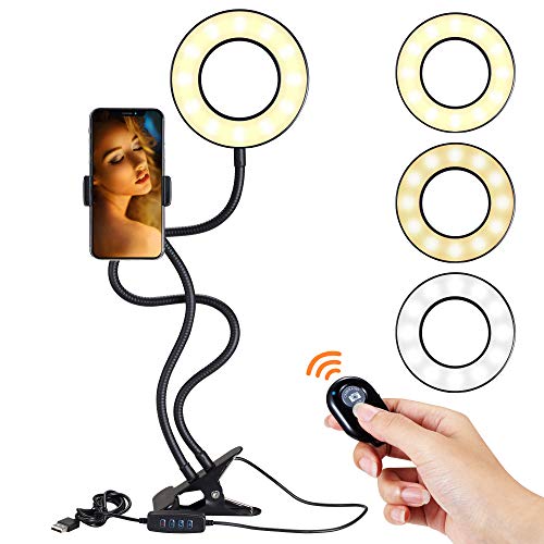zerproc Anneau de lumière LED 10-Niveau Luminosité 3-Mode d'Éclairage Bras Flexible avec Support Portable et Télécommande Bluetooth Le Flux en Direct et Le Maquillage pour Mobile