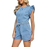 XAPSEE Women's Jean Dressy Rompers Summer Ruffle Cap Sleeve Button Up Belted Denim Jumpsuits Shorts with Pockets (Blue, S)