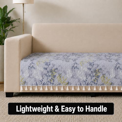 Image of STITCHNEST 'Frostvine Collection' 2 Seater Sofa Cover| Cotton Quilted Fabric, Decorative Tassels, Washable & Durable for Modern Living