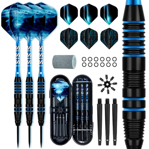 XAWU 3er-Pack Steel Tip Darts Set mit Etui Professionelles Dartpfeile-Set 22 g mit 9 Dart Flights 3 Aluminiumschäfte 3 Ersatzschäfte 1 Dartspitzer 12 Gummi-O-Ringe Flight-Schutz