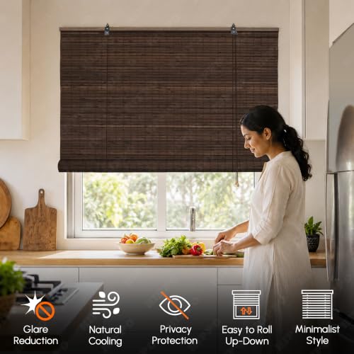 Image of HIPPO Bamboo Curtains - W-4FTXH-5FT Rope Mechanism Roll Up Down Indoor Bamboo Shade for Sun & Dust Protection for Home Window, Balcony, Restaurant, Hotel, Resort (Dark-Coffee)