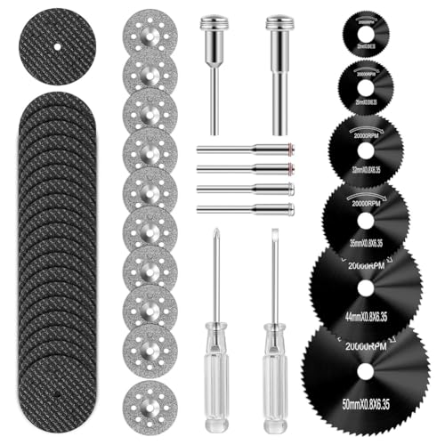 Sxmrmnx Juego de ruedas de corte compatibles con plástico, 44 piezas para herramienta giratoria, hojas de sierra circulares HSS, discos de corte de resina, color negro