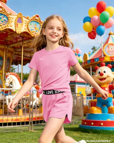 Image of Bestuline Girls Summer 2 Piece Outfits,Basic Short Sleeve Top & Shorts Set with Side Pockets,4-14Y