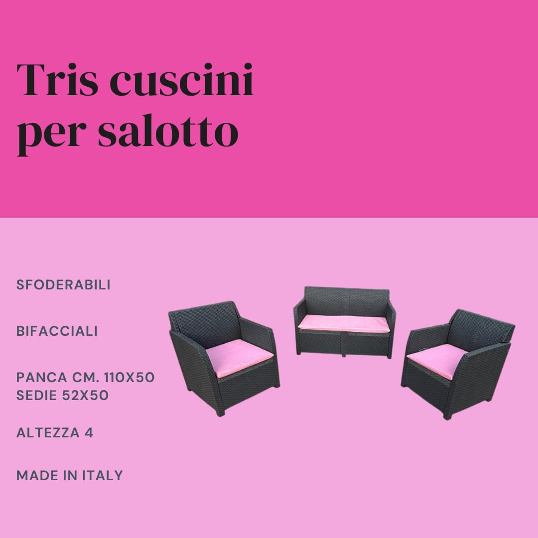 CASABELLAPIU Tris Cuscini Da Esterno, Cuscini Sfoderabili e Lavabili, Misure poltrone 52x50x4,5cm, Misura divano 110x52x4,5 cm. 100% Made in Italy (Rosa)