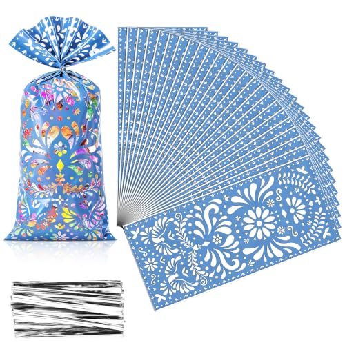 yuboo 100 Pcs Cielito Lindo Candy Bags, Blue Mexican Party Favor Bags with Twist Ties, Barro Talavera Treat Sacks Gift Bags for Mexican Wedding, Fiesta Birthday Party Supplies, Cinco de Mayo Deco