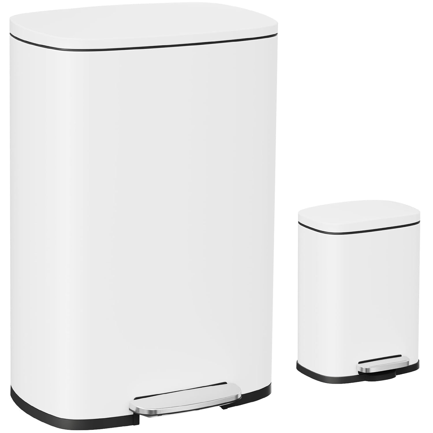 Clevich Mülleimer Set 50L + 5L, Treteimer für Küche und Bad, großer 50L Abfalleimer, kleiner 5L Kosmetikeimer, rechteckig, mit Pedal, Soft-Close Deckel, herausnehmbarer Inneneimer, Stahl - Weiß