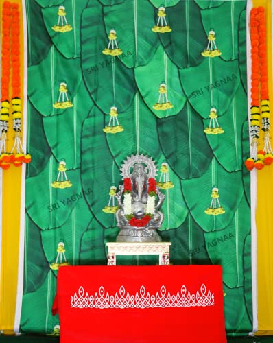 Image of Sri Yagnaa - Backdrop Cloth for Pooja Decoration Traditional - M 12 - Background Curtain Cloth for Festival Decoration (5x8 Ft) (Banana Leaf with Yellow Flowers Backdrop)