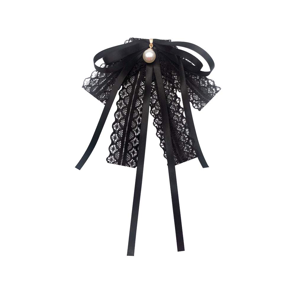 Lace Ribbon Bow Tie Brooch Rhinestone Pearl Necktie for Girl Women Fashion jabot collar brooch pins Pre-Tied Corsage