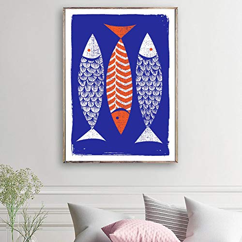Art mural moderne poisson indigo, affiche scandinave 50x70cm décor cuisine