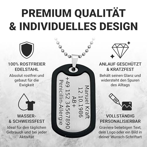 Generisch Dog Tag Personalisiert – Erkennungsmarke Edelstahl – Matt Kette Mit Namen – Gravur – Personalisierte Kette Herren – Militär Geschenke – 2 Mm Dick – Gravur – Set Mit Clip Und Gummi-Silencer