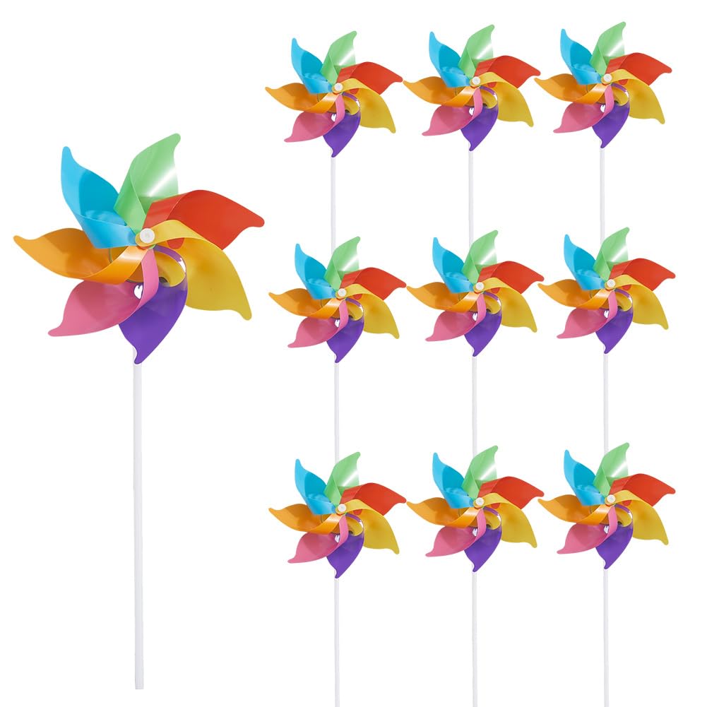 CRASPIRE 10 Sets Rainbow Pinwheels 15.3 Inch Wind Plastic Windmill Colorful Pinwheels for Party Decorations Outdoor Decor Lawn Yard Garden Patio Rainbow Windmill