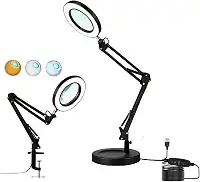 Luminária LED com Lupa e Ring Light, Articulada para Mesa Bancada, 3 Modos de Cor, Aumento 10X, com Garra Base Mesa e Controle de Intensidade, Preta