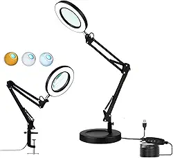 Luminária LED com Lupa e Ring Light, Articulada para Mesa Bancada, 3 Modos de Cor, Aumento 10X, com Garra Base Mesa e Controle de Intensidade, Preta