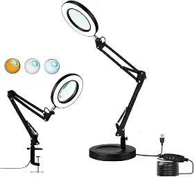 Luminária LED com Lupa e Ring Light, Articulada para Mesa Bancada, 3 Modos de Cor, Aumento 10X, com Garra Base Mesa e Controle de Intensidade, Preta