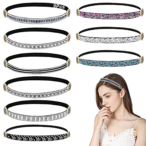9Pcs Headbands with Buttons Ear Protection Holder Headband, Skinny Glitter Headband Elastic Hair Band for Women, Stylish Girls Head Band Holder for Sports Yoga Workout(Classic Patterns) (C)