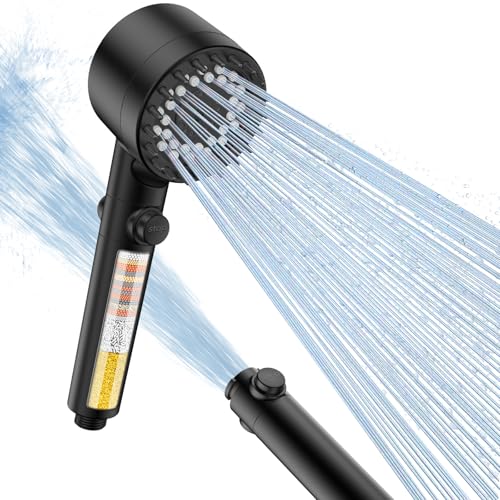 FEELSO Filter Shower Head with Anti-Clog Nozzles 15 Stage Filter & 3+1 Spray Modes High Pressure Shower Heads for Hard Water Handheld Massage Shower Filter for Remove Chlorine Black
