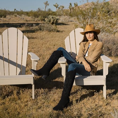 Image of Erocalli White Cowgirl Boot Cowboy Boots for Women Embroidered Pull-On Chunky Stacked Heel Knee High Western Boots