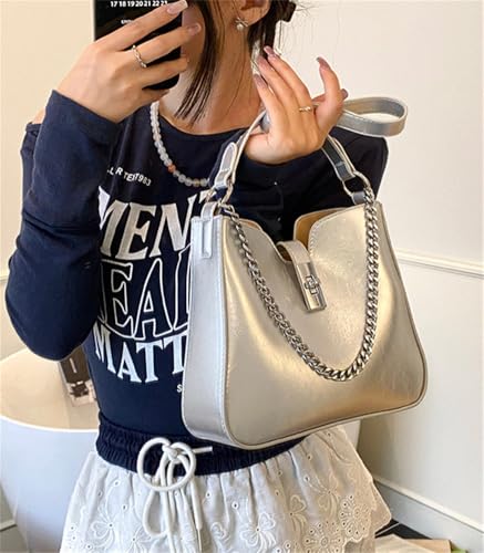 PU Leather Shoulder Bag Bucket Crossbody Purse Trendy Tote Handbag Metal Chain Satchel Work Dating3