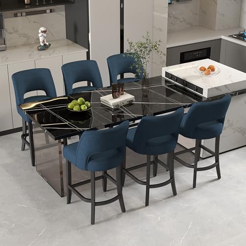 Image of VKNOW Bar Stools Set of 6, 26 inch Upholstered Counter Height Bar Stools | Modern Counter Stools with Black Rubberwood Legs for Kitchen Island Dining Room Bar, Blue-Black Legs