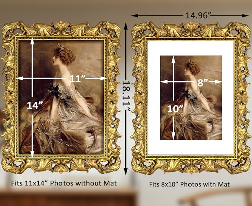 Image of Gold 11x14 Picture Frame Vintage Picture Frames Ornate Baroque | Real Glass, Wall Hanging, Fits 11x14 or Matted to 8x10 Photo