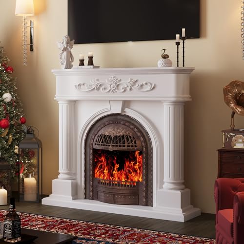 Image of Electric Fireplace with Mantel, Solid Wood White TV Stand with Fireplace for Living Room,Brown Birdcage 51 inch Fire Place Heater with Roman Column Design for Bedroom, Entryway Decor