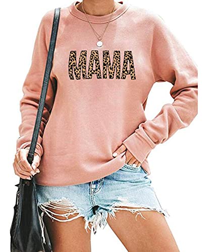 EGELEXY Mama Sweatshirt Women Cute Leopard Funny Letter Print Mom Blouse Tops Casual Long Sleeve Vacation Shirts Tops