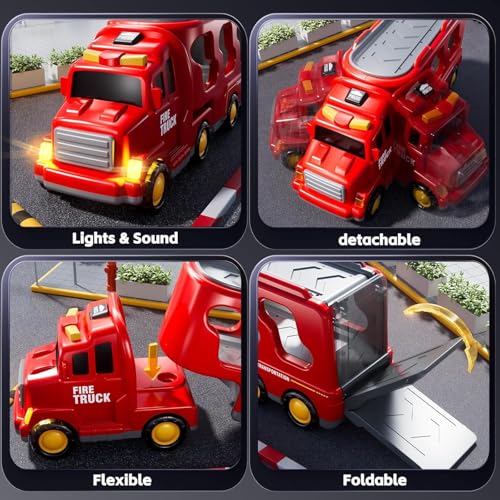 Image of Mini Explorer 5-in-1 Fire Truck Toy Set for Kids | Fire Car Carrier Vehicle with Lights & Sound | Emergency Rescue Transport Toy for Toddlers Girls Boys Ages 1-6 Years, Red