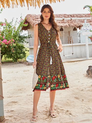 Image of BROVAVE Women Summer Bohemian Floral Print V Neck Sleeveless Sundress Flowy Casual Midi Dress