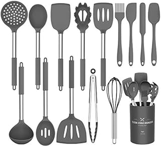 Silicone Cooking Utensil Set,Umite Chef Kitchen Utensils 15pcs Cooking Utensils Set Non-stick Heat Resistan BPA-Free Silicone Stainless Steel Handle Cooking Tools Whisk Kitchen Tools Set - Grey