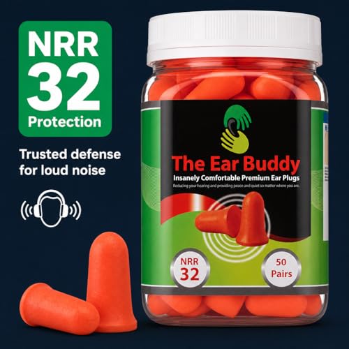 Image of The Ear Buddy Premium Soft Foam Ear Plugs for Sleeping Noise Cancelling, Hearing Protection Earplugs for Shooting Range, Concerts, Work & Travel, Noise Reduction Rating 32 Decibels, 50 Pairs