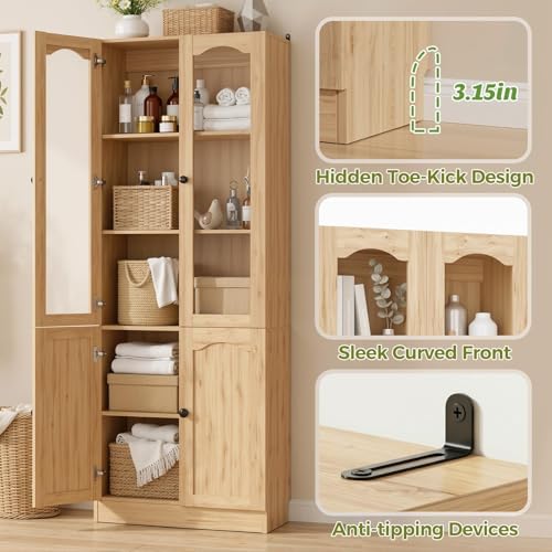 Image of Cyclysio 80 inch Tall Pantry Cabinet with 4 Doors, Natural Oak Kitchen Pantry Storage Cabinet with Built-in Baseboard Notch & Adjustable Shelves - Kitchen Storage Cabinet for Dining, Living, Office