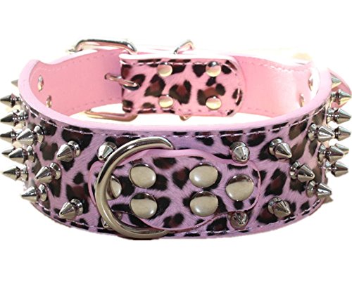 Haoyueer - Collare per cani in pelle con rivetti borchiati, larghezza 5 cm, elegante collare in pelle per cani di taglia media e grande: Pitbull, ecc. (XL, rosa leopardato)