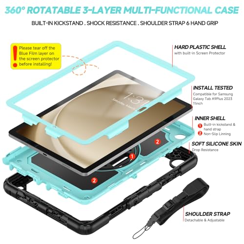 SIBEITU Samsung Galaxy Tab A9+ Plus Case 11" 2023 with Built-in Screen Protector Stand, Hybrid Shockproof Cover w/Hand Grip Shoulder Strap for Galaxy Tab A9+ 5G Tablet Case SM-X210/X216/X218, Sky Blue