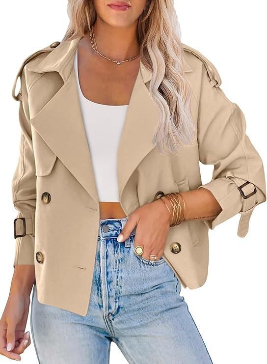 utcoco Womens Cropped Trench Coat Double-Breasted Short Trench Jacket Notch Long Sleeve Fall Outfit