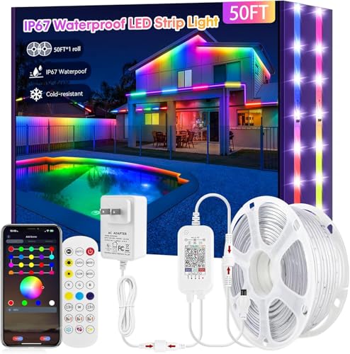 Image of 50FT RGB+IC LED Strip Lights Outdoor Waterproof IP67, DIY Multiple Colors Smart LED Lights Bluetooth App Control RF Remote Color Changing Rope Light for Patio Balcony Garden Eaves Deck