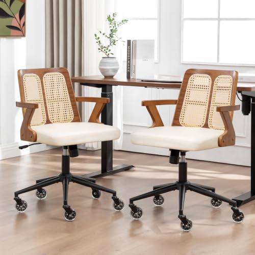 Image of Rattan Swivel Desk Chair for Small Office, Walnut Executive Office Chair