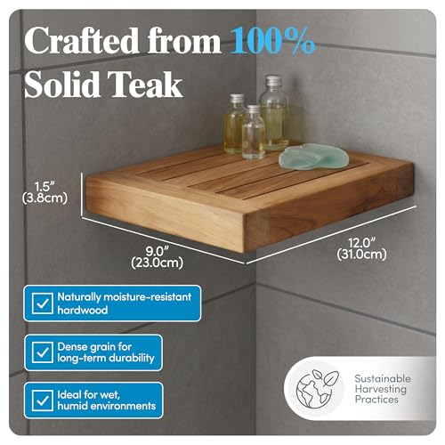 Image of AquaTeak Moa 12 inch Teak Floating Shelf, Wall Mounted, Holds Up to 10 lbs