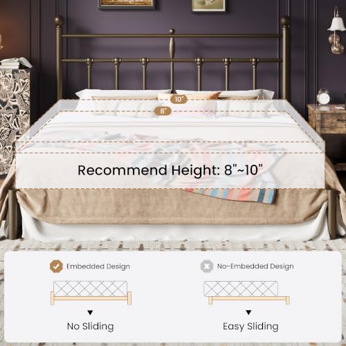 Image of SHA CERLIN King Size Metal Platform Bed Frame with Victorian Vintage Headboard /Under Bed Storage /No Box Spring Needed /Easy Assembly /Noise Free /Mattress Foundation /Gold